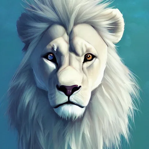 Image similar to aesthetic portrait commission of a albino male furry anthro lion with a tv for head displaying lions face while wearing a vaporwave stylized attractive masculine pastel winter outfit, winter Atmosphere. Character design by charlie bowater, ross tran, artgerm, and makoto shinkai, detailed, inked, western comic book art, 2021 award winning painting