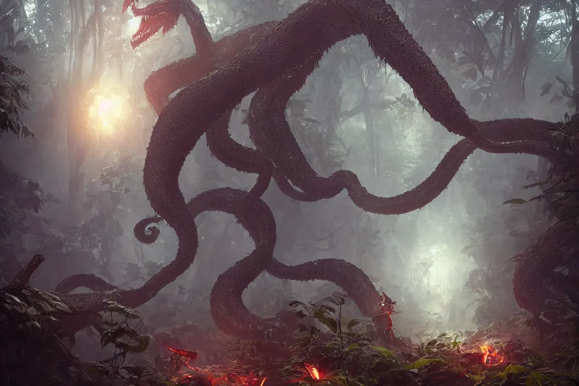 Image similar to giant snake monster deep in the jungle, glowing eyes, eldritch horror, character art by Greg Rutkowski, 4k digital render