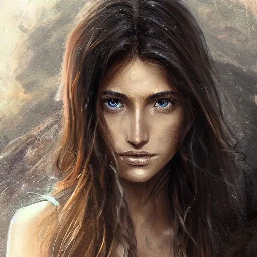 Image similar to centered front face portrait of an attractive young female earth angel, beautiful long brown hair, rocks and stones, intricate, highly detailed, elegant, digital painting, trending on artstation