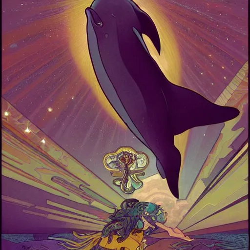 Prompt: a dolphin leaps out of the ocean, astral projection, astral travel, space background, cinematic, detailed, very realistic, by Alphonse Mucha, Moebius, Laurie Greasley, 8k