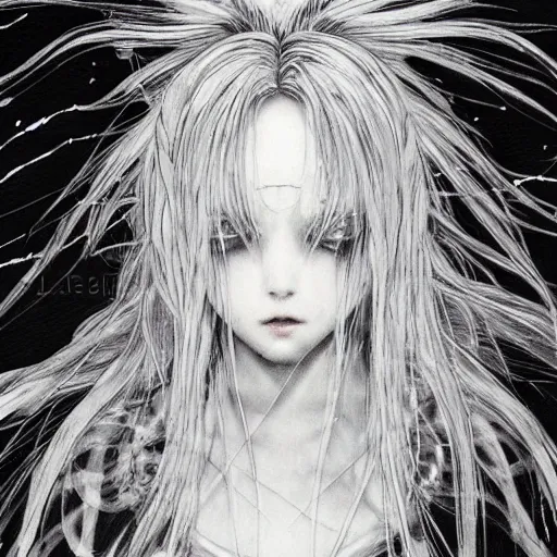 Image similar to Yoshitaka Amano blurred and dreamy illustration of an anime girl with wavy white hair fluttering in the wind and cracks on her face wearing elden ring armour with the cloak, abstract black and white patterns on the background, noisy film grain effect, highly detailed, Renaissance oil painting, weird portrait angle