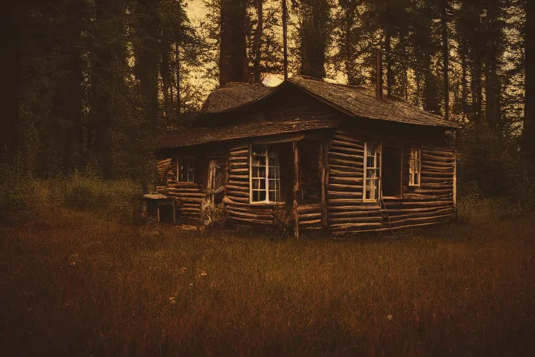 Prompt: dusk forest abandoned cottage in summer tilt shift, Cinematic, wildlife photography, 35mm, photo on iphone