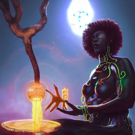 Image similar to afrofuturistic techno - mage uploading ancestral knowledge to the uni - mind interface, dark fantasy, occult, high - quality, surrealist oil painting, artstation