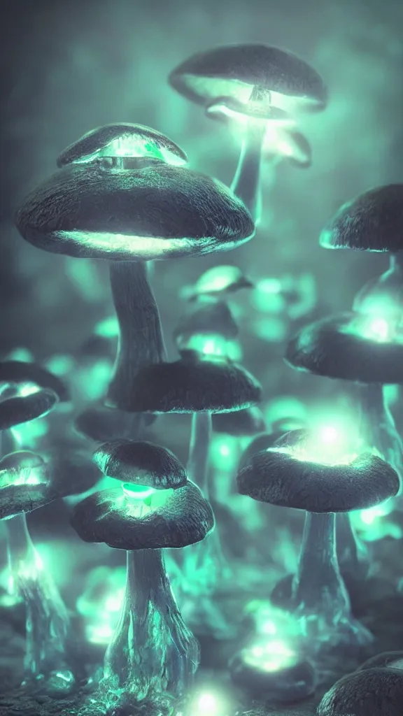 Image similar to “bioluminescent crystal mushrooms, Artstation HQ, photorealistic, hiperrealistic, sharp focus, 4k UHD, Unreal Engine 5, cinematic shot, cinematic lightning, dark tones, high contrast, intricate, mysctical, masterpiece”