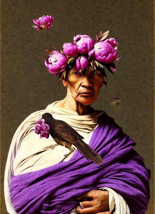 Prompt: many peonies, flower buds, birds on hight detailed background, portrait of a old woman, tuareg, nomads, vultures, dark background, purple colour scheme, full length, masterpiece, dark background, art by caravaggio, alphonse mucha, giger, guyver, cinestill, moviestill, bokeh, artstation