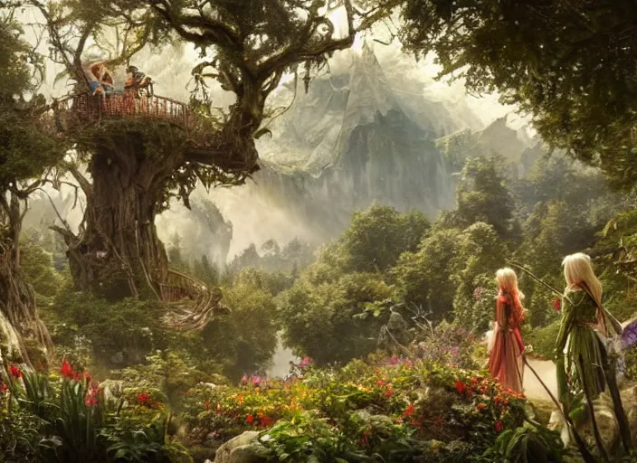 Image similar to female elves with wings of lace in lord of the rings scenery landscape, treehouse, flowers, beautiful day, highly detailed, perfect lighting, perfect composition, 4 k, artgerm, derek zabrocki, greg rutkowski, alphonse mucha