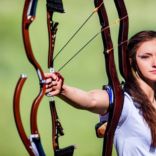 Image similar to photo realistic, consistent and highly detailed face, a attractive sports woman in archery, pointing his bow, uhd 8 k, highly detailed, sigma 8 5 mm f / 1. 4