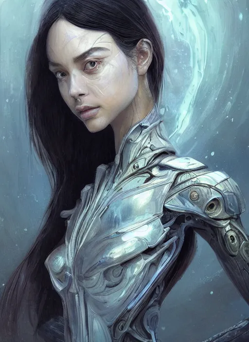 Image similar to a professional painting of a beautiful young female alien, clothed in ethereal armor, olive skin, long dark hair, beautiful bone structure, symmetrical facial features, intricate, elegant, digital painting, concept art, smooth, sharp focus, illustration, from Valerian and the City of a Thousand Planets, by Ruan Jia and Mandy Jurgens and Artgerm and William-Adolphe Bouguerea