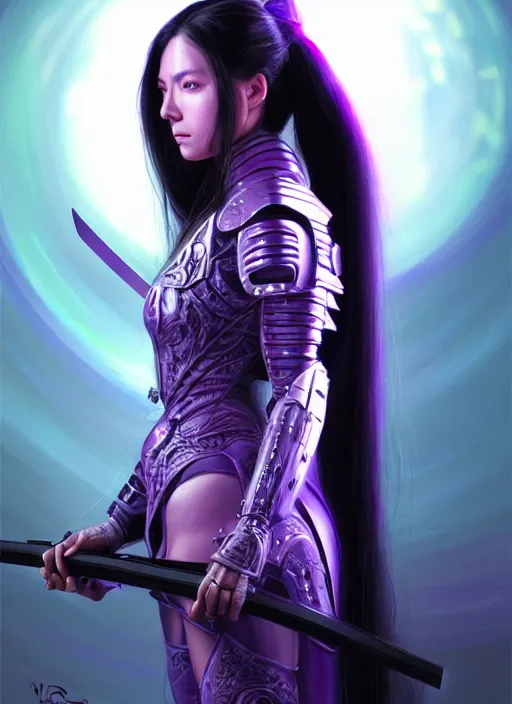 Image similar to portrait of a woman with long black hair in a ponytail, in sci - fi armor, platemail, close fitting, holding a katana made of purple energy, intricate, elegant, glowing lights, highly detailed, digital painting, artstation, concept art, smooth, sharp focus, illustration, art by wlop, mars ravelo and greg rutkowski