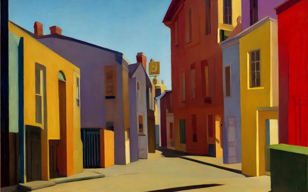 Prompt: a neighborhood with houses and alleys all the same and colorful, disturbing, high quality, edward hopper