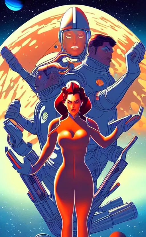 Image similar to a space travel poster, space opera, retro - futuristic poster style by artgerm and arthur adams, amazing composition