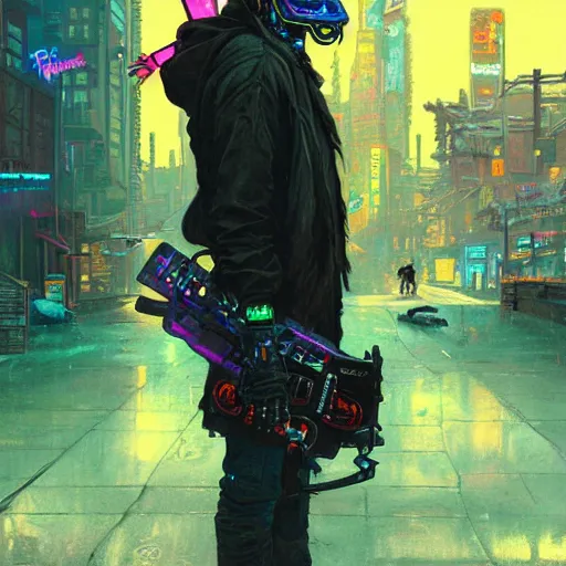 Image similar to anthropomorphic coyote character wearing black cyberpunk skater clothes with neon highlights in a cyberpunk city. Renowned character illustration by greg rutkowski, thomas kindkade, alphonse mucha, loish, norman rockwell. Trending on artstation 4k. Highly detailed. Digital art.