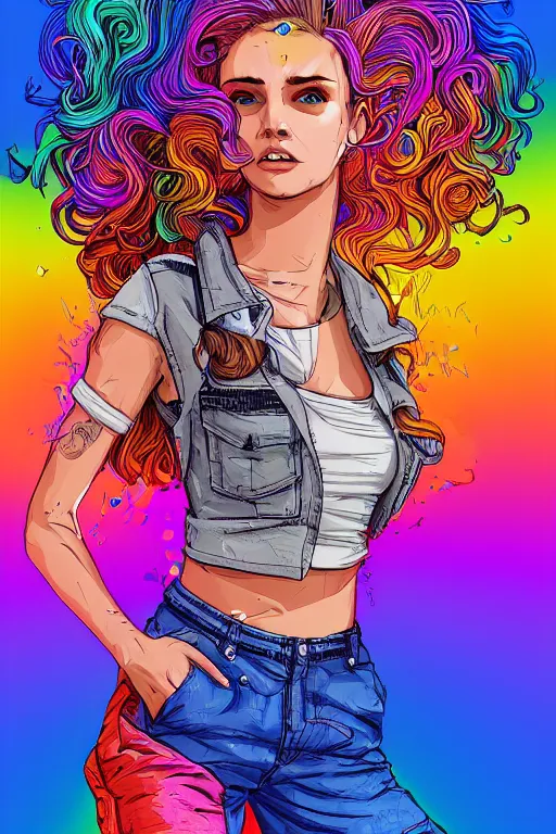 Image similar to a award winning half body portrait of a beautiful woman with stunning eyes in a printed croptop and cargo pants with rainbow colored ombre hairstyle head in motion and hair flying by josan gonzales, outrun, vaporware, shaded flat illustration, digital art, trending on artstation, highly detailed, fine detail, intricate