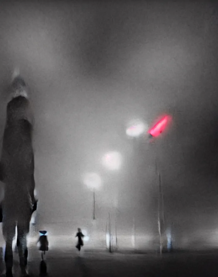 Image similar to very low - resolution found footage of a couple escaping in the city from a starfish kaiju monster, fog, foggy, korean film noir, monochrome, red hue, thriller, underdeveloped, epic, dramatic