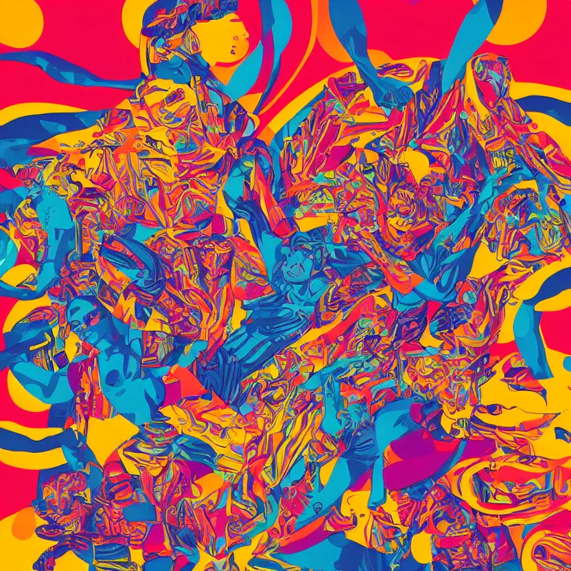 Prompt: album cover design depicting modern sculpture on lsd beautiful bright colors by tristan eaton and james jean