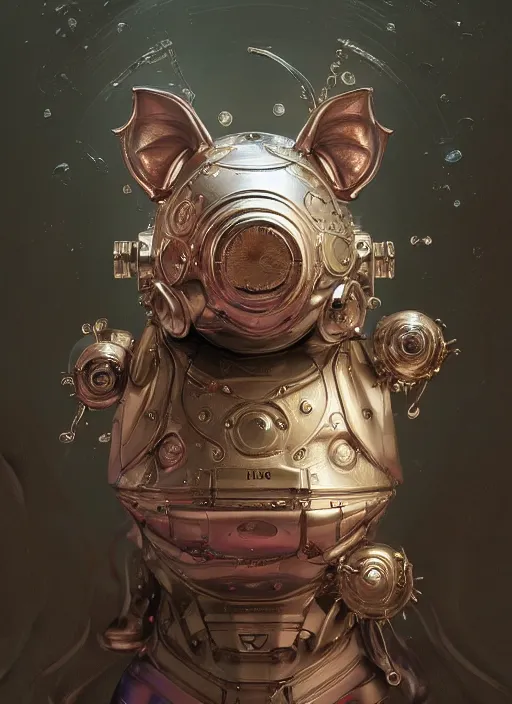 Prompt: robotic pig, d & d, wet, shiny, fantasy, intricate, elegant, extremely higly detailed, ultra definition, digital painting, artstation, anatomical perfection, baroque, portrait, concept art, smooth, sharp focus, illustration, art by artgerm and greg rutkowski and alphonse mucha