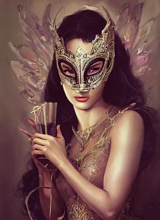 Image similar to a beautiful woman wearing an elaborate masquerade mask and matching ballgown, looking at the viewer with an alluring expression. painting by artgerm and greg rutkowski and magali villanueve