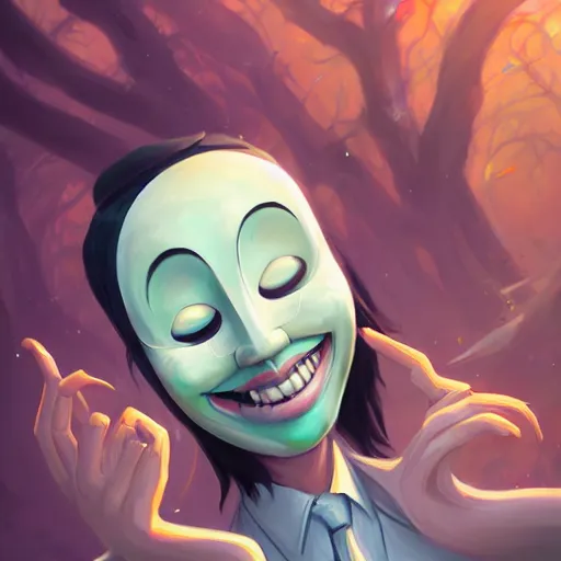 Image similar to a portrait of the smiling happy mask salesman, eyes closed, art by lois van baarle and loish and ross tran and rossdraws and sam yang and samdoesarts and artgerm and saruei and disney, digital art, highly detailed, intricate, sharp focus, trending on artstation hq, deviantart, unreal engine 5, 4 k uhd image