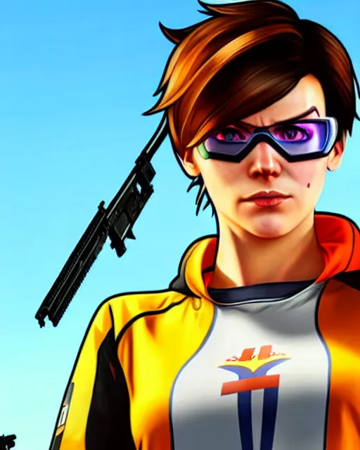 Image similar to gta 5, grand theft auto 5 cover art of tracer from overwatch