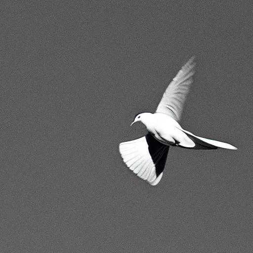 Prompt: a realistic photo of a dove flying in a completely black room, 8k, film grain, highly detailed