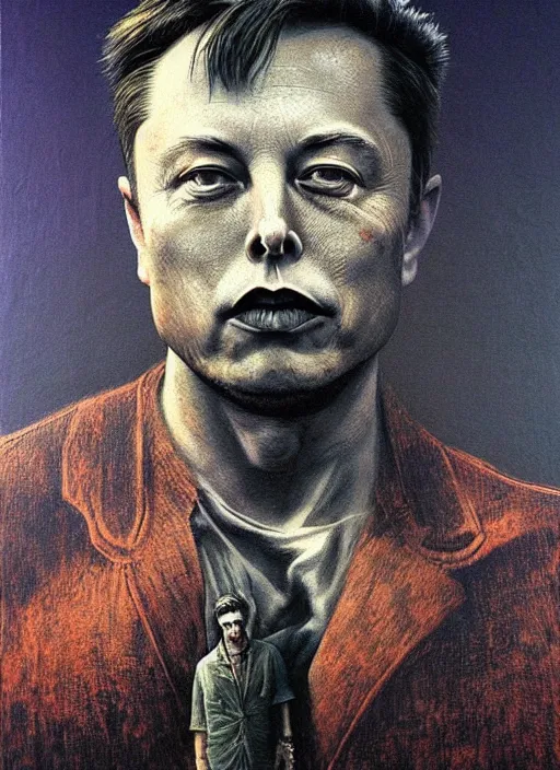 Image similar to A painting of Elon Musk in style of Beksinski. Very detailed