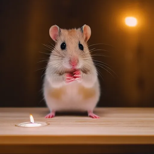 Image similar to photo of a hamster, at night, candlelit restaurant table, various poses, unedited, soft light, sharp focus, 8 k