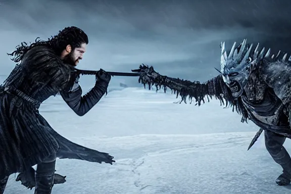 Image similar to very very intricate photorealistic photo of jon snow fighting the night king, photo is in focus with detailed atmospheric lighting, award - winning details