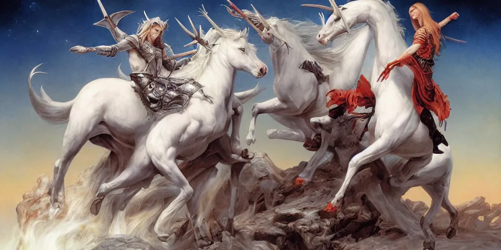 Prompt: the sacrifice of the white unicorn, fighting, struggling by gerald brom