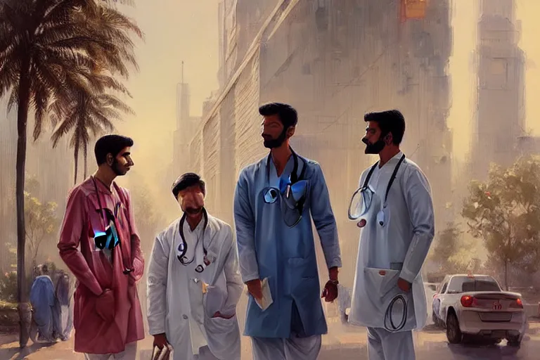 Prompt: Anxious good looking pale young Indian doctors wearing American clothes outside a hospital, portrait, elegant, intricate, digital painting, artstation, concept art, smooth, sharp focus, illustration, art by artgerm and greg rutkowski and alphonse mucha