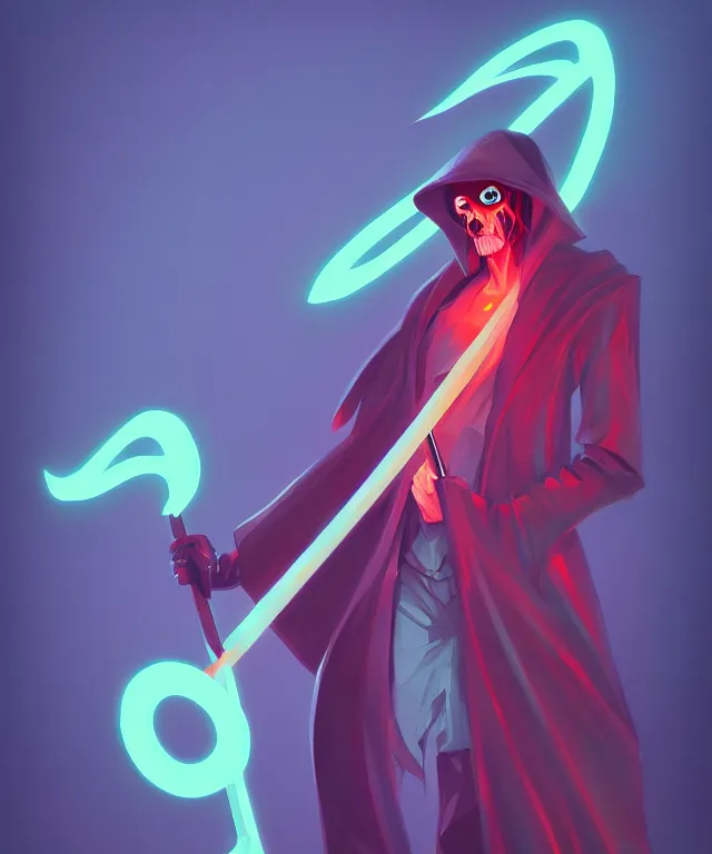 Image similar to a portrait of a neon grim reaper holding a scythe, fantasy, elegant, digital painting, artstation, concept art, matte, sharp focus, illustration, art by josan gonzalez