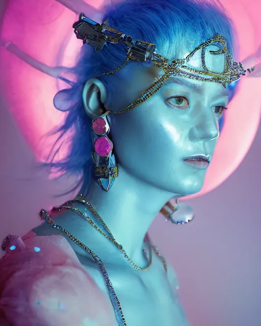 Image similar to natural light, soft focus portrait of a android with soft synthetic pink skin, blue bioluminescent plastics, smooth shiny metal, elaborate diamond ornate head piece, piercings, face tattoo, skin textures, by annie liebovotz, paul lehr,