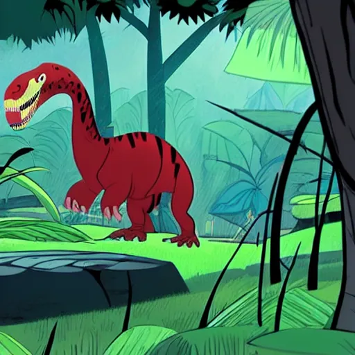 Prompt: tyrannosaurus in the jungle, genndy tartakovsky, samurai jack