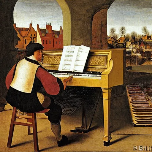 Image similar to old painting old piano, dot art, crosshatch, by pieter bruegel the elder