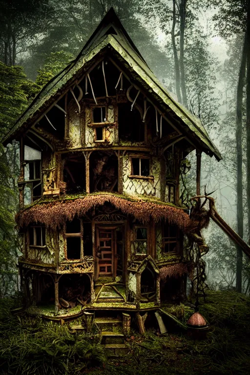 Image similar to a photograph of a ramshackle multistory fairytale hut in the forest, intricate, elegant, fantasy, highly detailed, overcast lighting, sharp focus