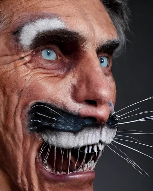 Prompt: angry Mauricio Macri showing teeth in Elaborate Cat Man Makeup and prosthetics designed by Rick Baker, Hyperreal, Head Shots Photographed in the Style of Annie Leibovitz, Studio Lighting