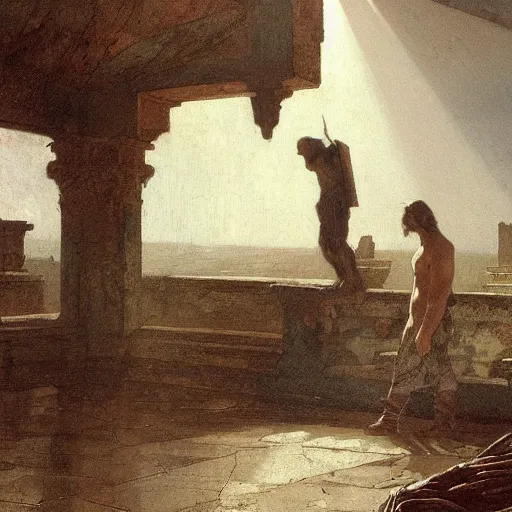 Image similar to half portait of magican wearing a closed cowl and carrying big old book! chained to the wrist, jeremy mann, jean leon gerome, tiepolo, alphonse mucha, greg rutkowski, face in the shadows, ( ( ruins of ancient rome ) ), at dusk, mysterious atmosphere, sunrays, dof, high detailed, 8 k