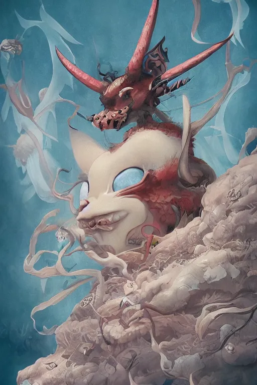 Image similar to a japanese devil animal illustrated by miyazaki by karol bak, james jean, tom bagshaw, rococo, sharp focus, trending on artstation, cinematic lighting, hyper realism, octane render, 8 k, hyper detailed, vivid, ultra detailed, highly detailed