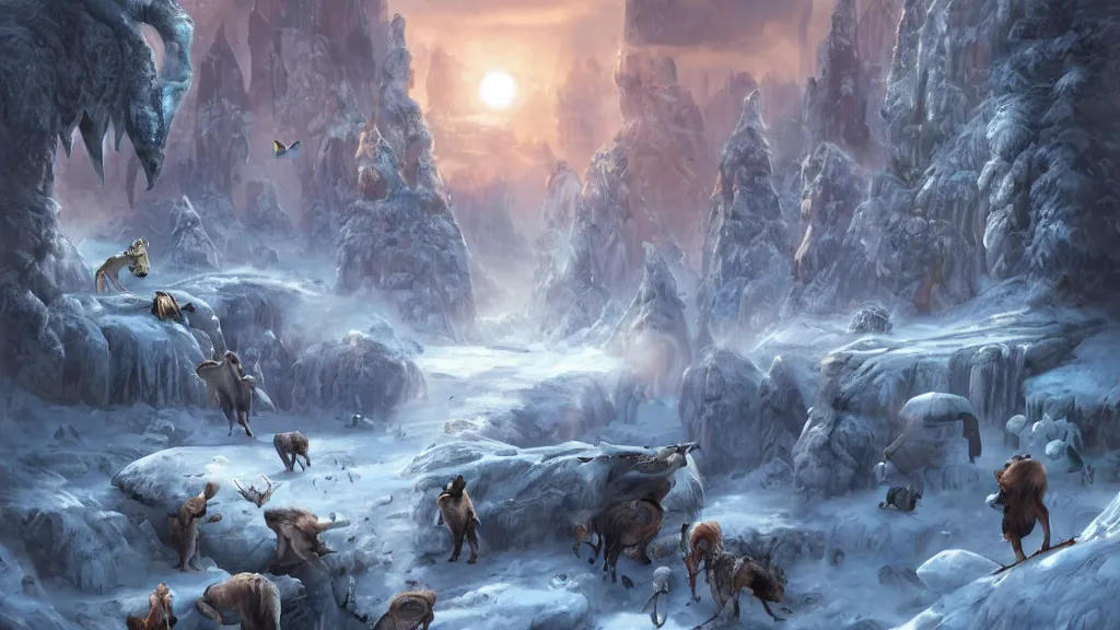 Image similar to ice age, fantasy artwork, award winning, beautiful scenery, artstation