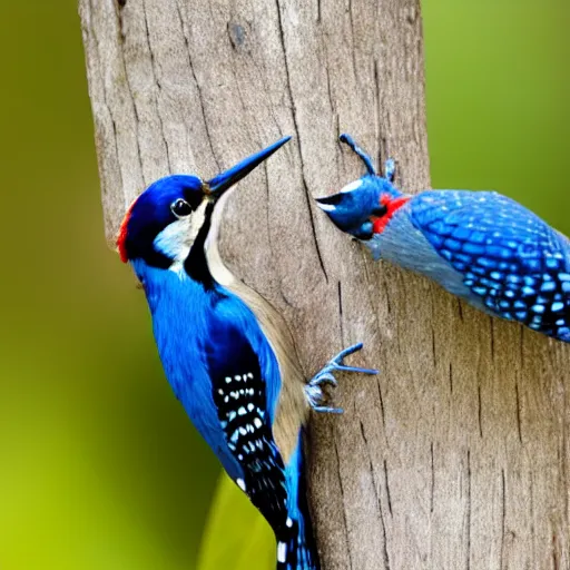 Prompt: a blue woodpecker at a bird feeder