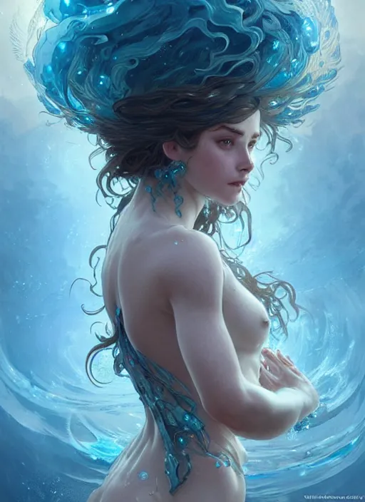 Image similar to a cute water elemental, with hands and hair turning into water, fantasy, intricate, elegant, highly detailed, digital painting, artstation, concept art, wallpaper, smooth, sharp focus, illustration, art by artgerm and greg rutkowski and alphonse mucha