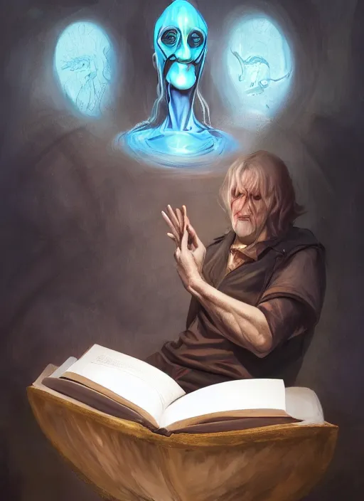 Image similar to Magic Floating Thespian Mask reading a book, no body, bodyless, floating mask, Ivan Aivakovsky, Boris Vallejo, epic fantasy character art, D&D Concept Art, full length, Realistic, Regal, Refined, Detailed Digital Art, Oil Paining, Exquisite detail, post-processing, masterpiece, Cinematic Lighting, Unreal Engine, 8k, HD, Stanley Artgerm Lau, WLOP, Rossdraws, Frank Frazetta, Andrei Riabovitchev, Marc Simonetti, trending on artstation flawless