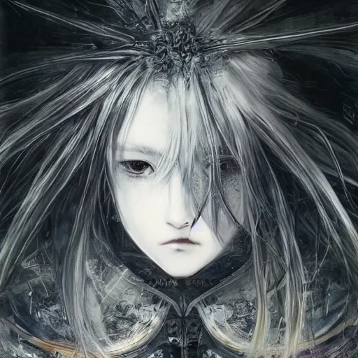 Image similar to yoshitaka amano blurred and dreamy realistic illustration of an anime girl with wavy white hair and cracks on her face wearing elden ring armour with the cape fluttering in the wind, abstract black and white patterns on the background, noisy film grain effect, highly detailed, renaissance oil painting, weird portrait angle