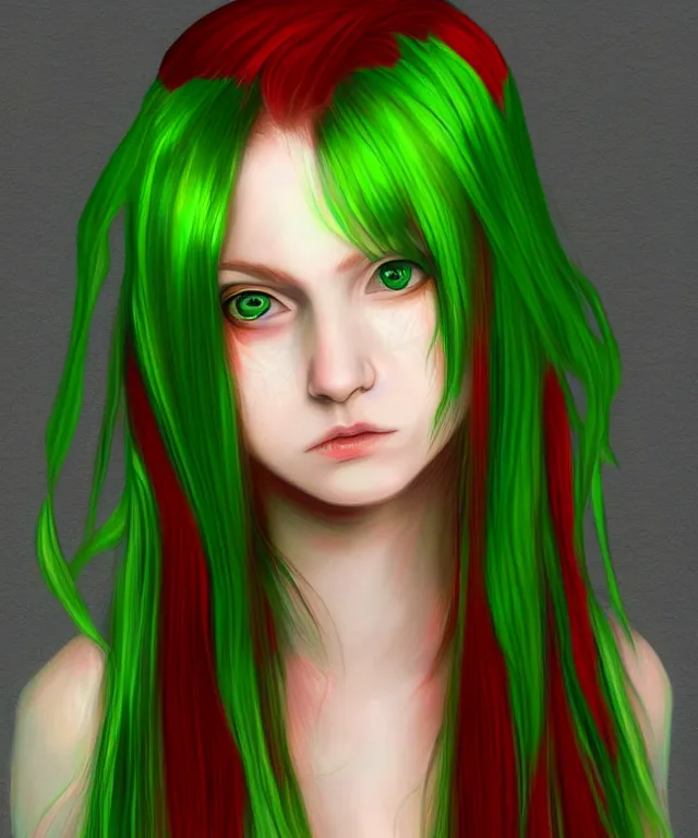Prompt: Fae teenage girl, portrait, long red hair, green highlights, fantasy, highly detailed, intricate