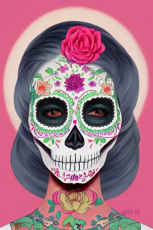 Prompt: Illustration of a sugar skull day of the dead girl, art by hsiao ron cheng