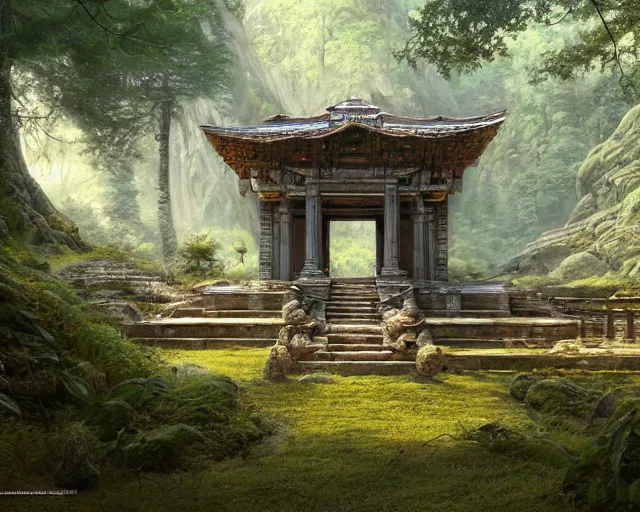 Image similar to detailed concept art of an ancient temple in an magical forest by james gurney in the style of yoshitaka amano, depth of field, unreal engine, 8 k, sharpness, artstation, award - winning realistic sci - fi concept art, in the style of james gurney.