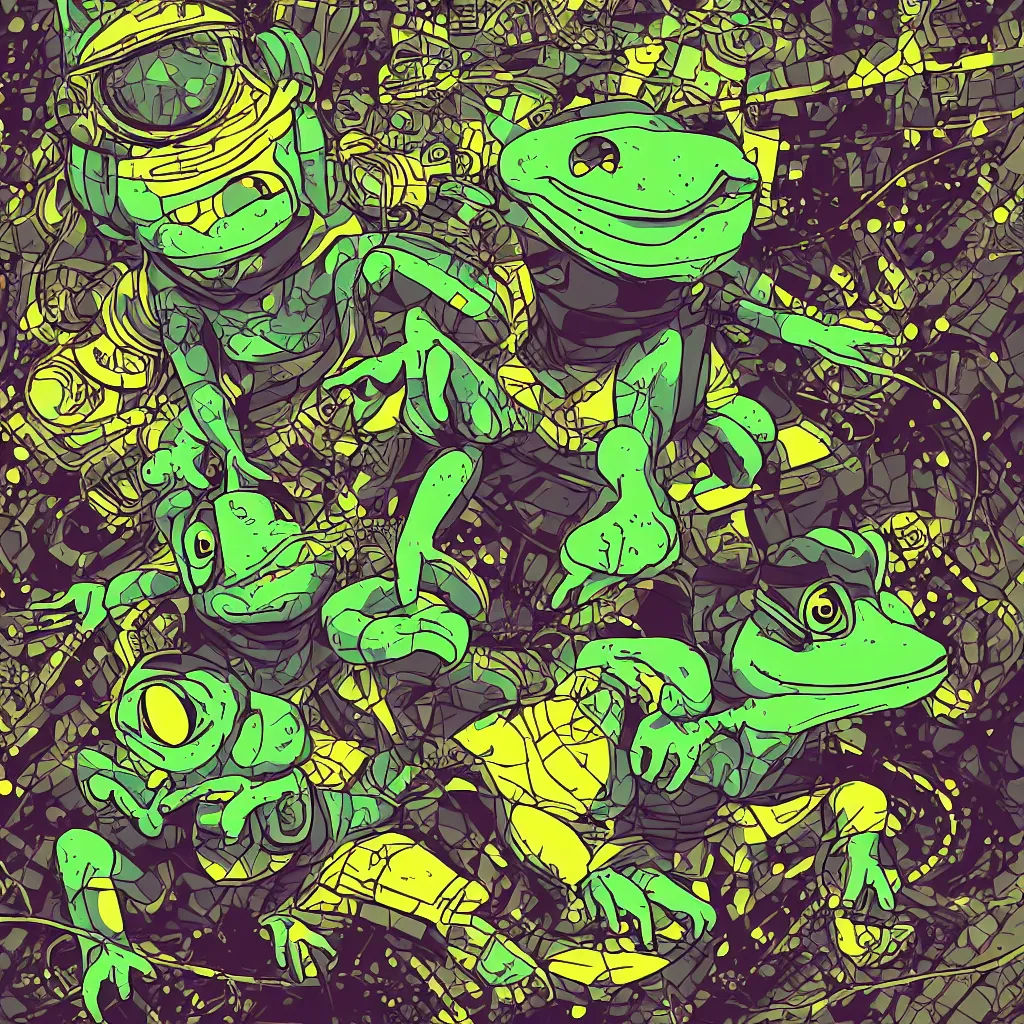 Image similar to toad head, ryuta ueda artwork, breakcore, style of jet set radio, y 2 k, gloom, space, cel - shaded art style, frogs, amphibians, sacred geometry, data, minimal, code, cybernetic, dark, eerie, cyber