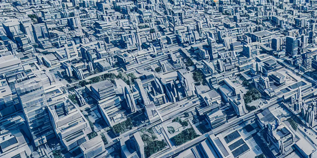 Prompt: drone view of a Brutalist architecture city with a large road through,sharp focus,telephoto lens,3D digital art 4k