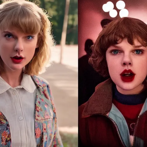 Image similar to still from Stranger Things season 6 - Taylor Swift pale and possessed as evil queen Brunhilda