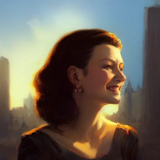 Image similar to closeup portrait of a young vivian leigh, bright smile, chiaroscuro, city background, golden hour, dramatic lighting, complementary contrast, high detail, painted by greg rutkowski, painted by igor kieryluk, trending on artstation