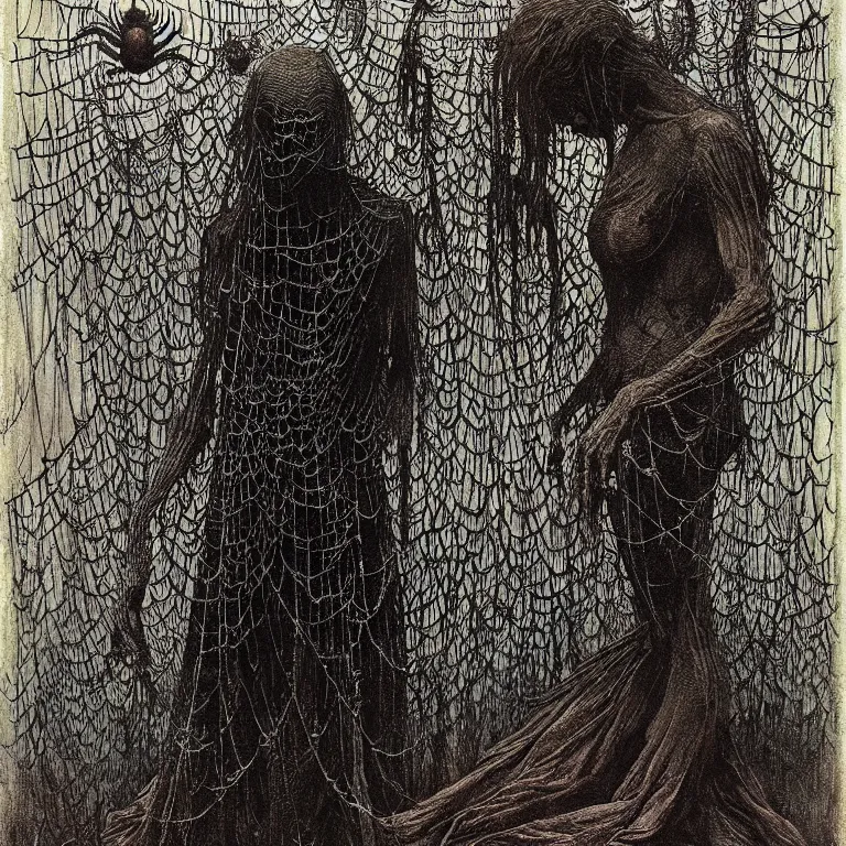 Image similar to a woman standing all covered in spiders. illustration of arachnophobia, fear of spiders, incredible number of spiders and bugs. extremely high details, spider paws, realistic, horror, creepy, web, masterpiece, art by zdzislaw beksinski, arthur rackham, dariusz zawadzki